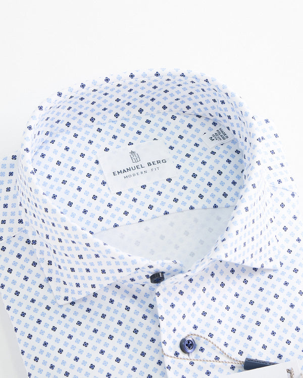 Emanuel Berg Byron White Striped 4Flex Shirt with Geometrical Contrast