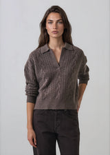 SUPERFINE WOOL RELAXED CABLE POLO SWEATER