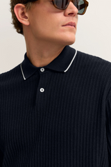 Bugatti Knitted Polo Shirt with Structure and Classic Collar in Navy