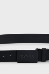 BOSS Embossed belt in Italian leather with plaque buckle