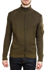 C.P. Company Lens Waffle Knit Zip Cardigan in Moss