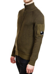 C.P. Company Lens Waffle Knit Zip Cardigan in Moss