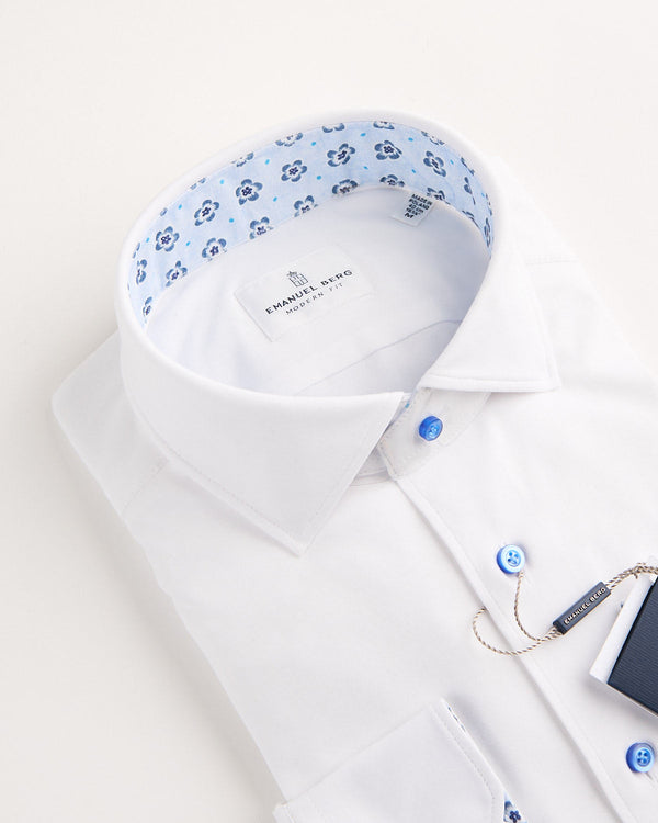 Emanuel Berg Modern 4 Flex Stretch Knit White Shirt With Floral Trim