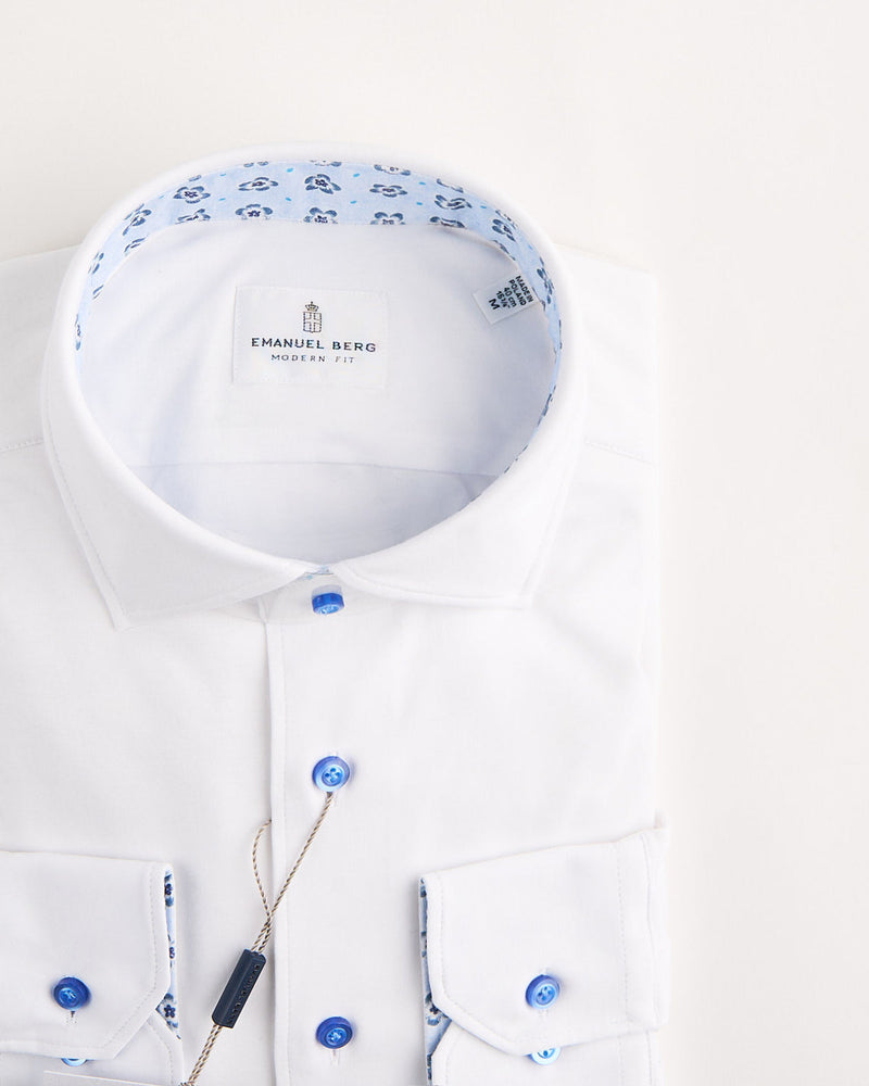 Emanuel Berg Modern 4 Flex Stretch Knit White Shirt With Floral Trim