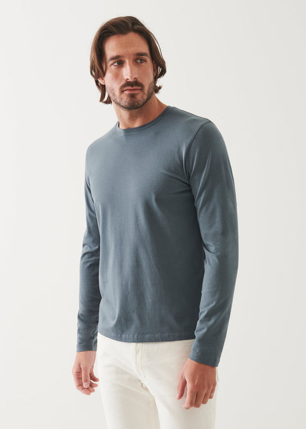 Patrick Assaraf Pima Cotton Stretch Long Sleeve T-Shirt- Stream