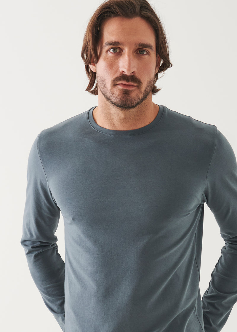 Patrick Assaraf Pima Cotton Stretch Long Sleeve T-Shirt- Stream