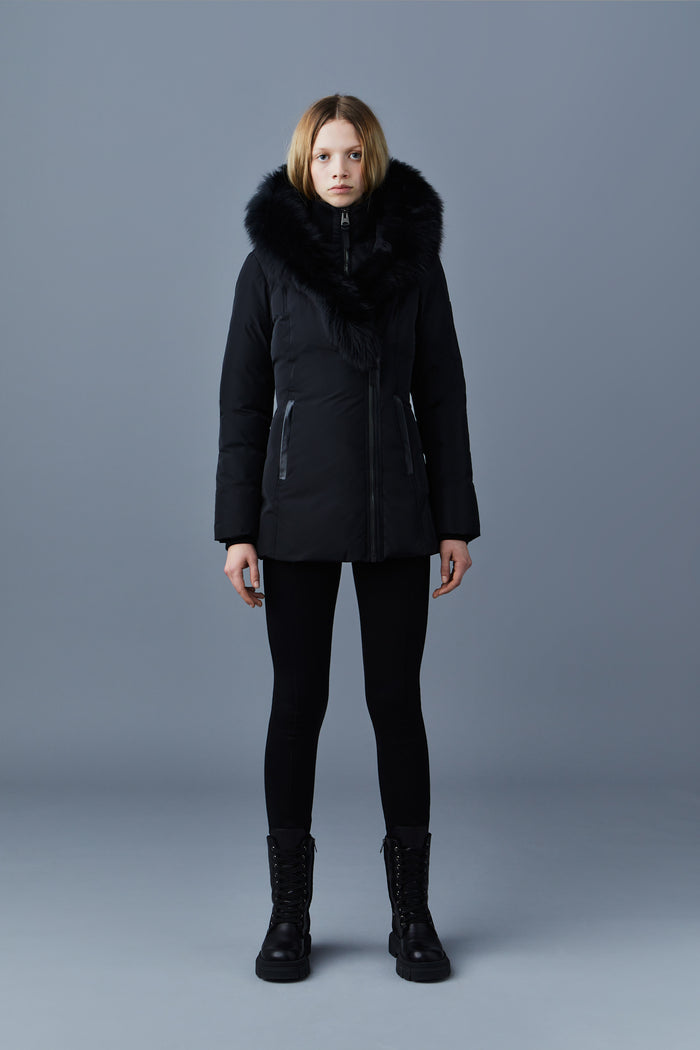 Mackage Adali Down Jacket with Blue Fox Fur Signature Mackage Collar