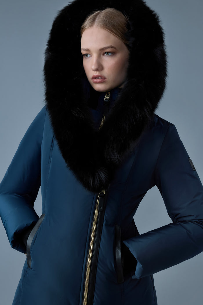 Mackage Adali Down Jacket with Blue Fox Fur Signature Mackage Collar