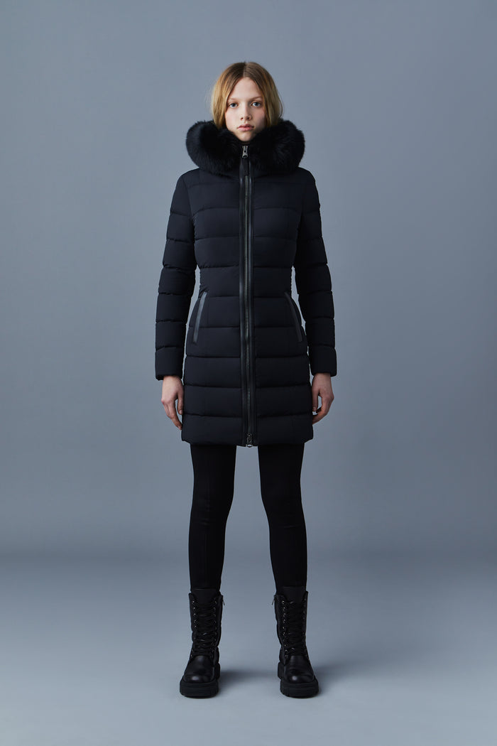 Mackage Calla Agile-360 Stretch Light Down Coat with Blue Fox Fur Collar