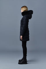 Mackage Calla Agile-360 Stretch Light Down Coat with Blue Fox Fur Collar