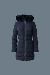 Mackage Calla Agile-360 Stretch Light Down Coat with Blue Fox Fur Collar