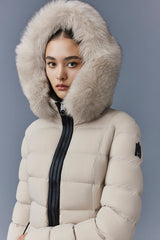 Mackage Calla Agile-360 Stretch Light Down Coat with Blue Fox Fur Collar