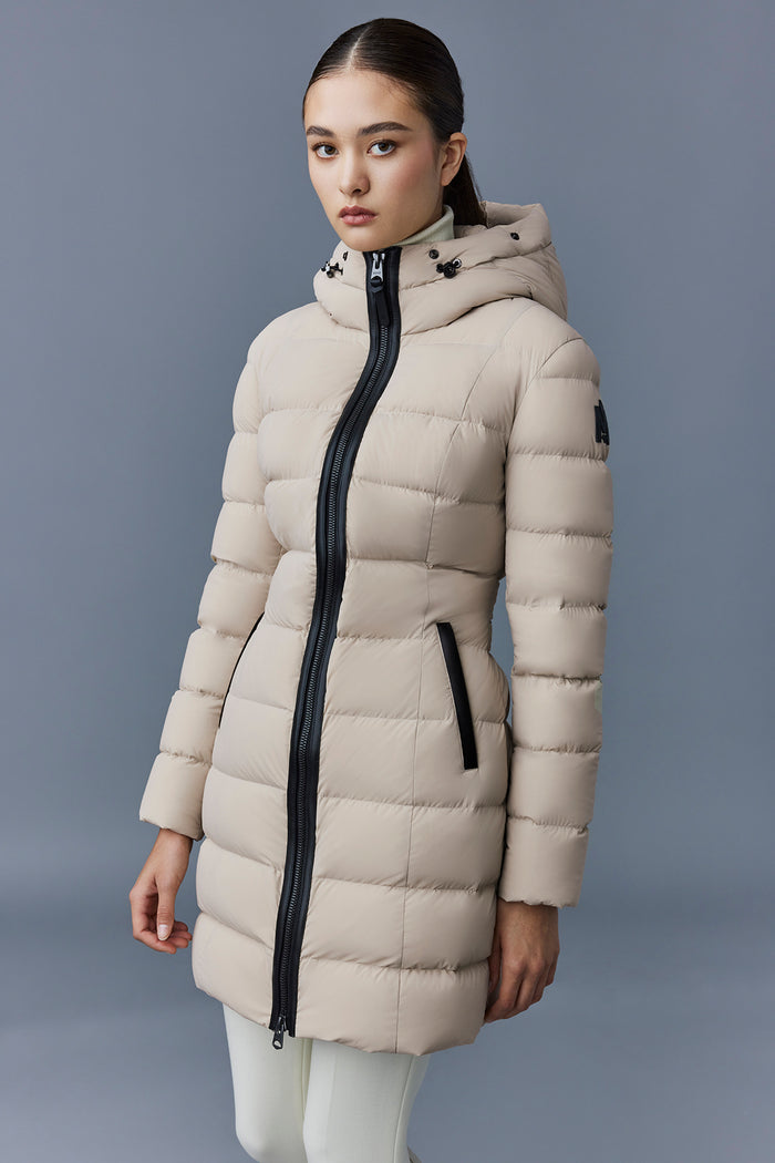 Mackage Calla Agile-360 Stretch Light Down Coat with Blue Fox Fur Collar