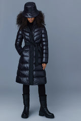 Mackage Coralia Black Down Coat with Hood and Sash Belt