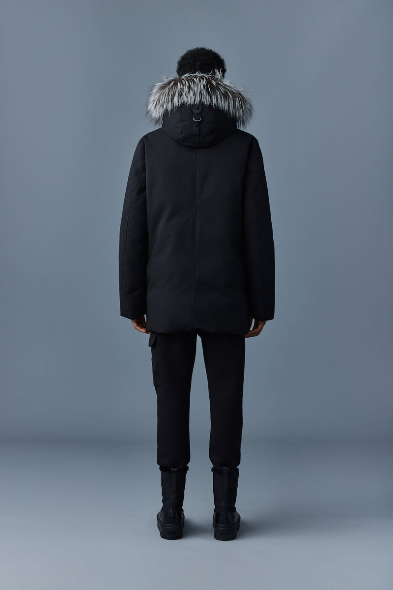 Mackage Edward-X Black Down Parka with Hooded Bib and Silver Fox Fur