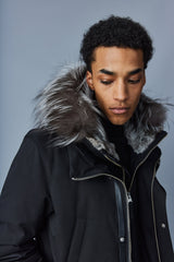 Mackage Edward-X Black Down Parka with Hooded Bib and Silver Fox Fur