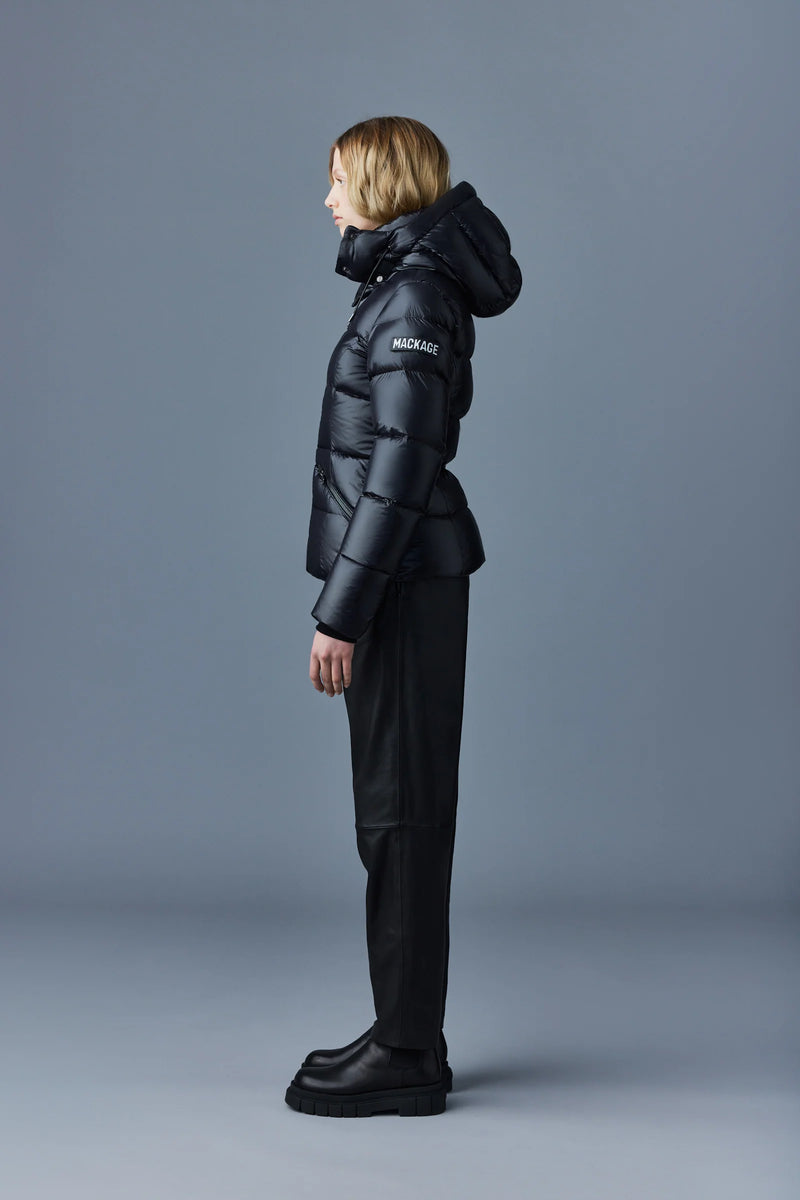 Mackage Madalyn Black Lustrous Light Down Jacket with Hood