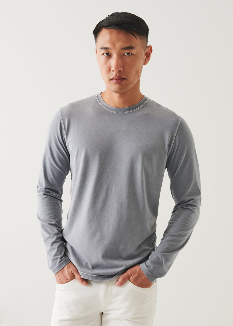 Patrick Assaraf Pima Cotton Stretch Vintage Wash Long Sleeve T-Shirt- Grey Mist