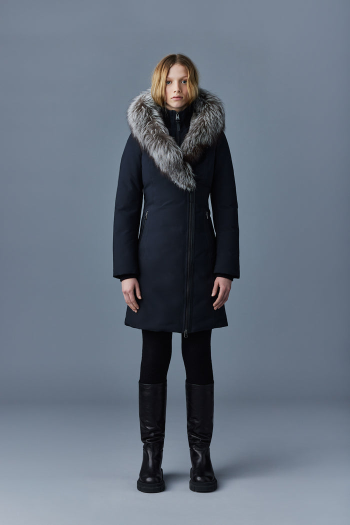 Mackage Womens Trish Powder Touch Down Coat with Silver Fur Signature Mackage Collar