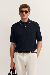 Bugatti Knitted Polo Shirt with Structure and Classic Collar in Navy