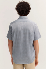 Striped short-sleeved shirt with button-down collar and modern cut