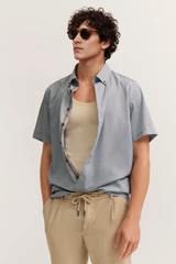 Striped short-sleeved shirt with button-down collar and modern cut