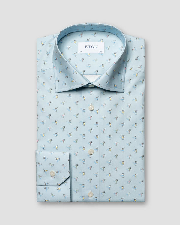 Eton Slim Fit Blue Dress Shirt with Cocktail Print