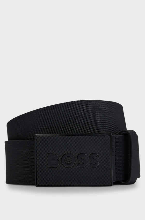 BOSS Embossed belt in Italian leather with plaque buckle