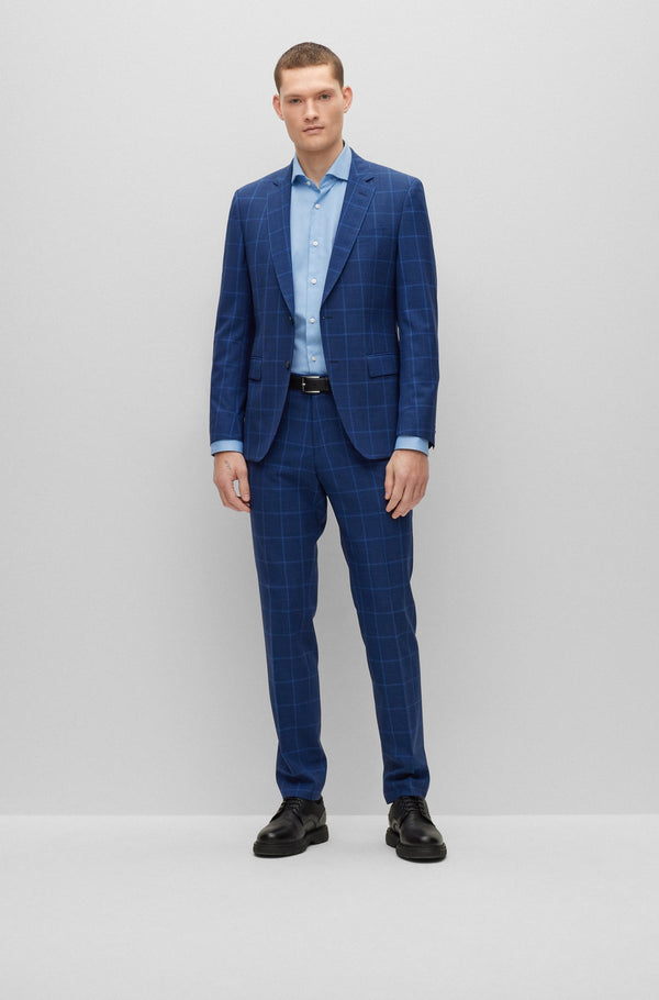 BOSS Slim-Fit Blue Check Patterned Suit in Virgin Wool