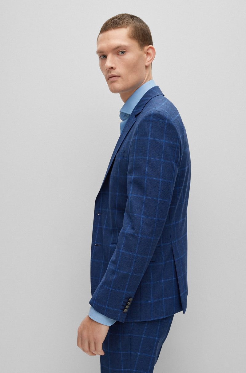 BOSS Slim-Fit Blue Check Patterned Suit in Virgin Wool