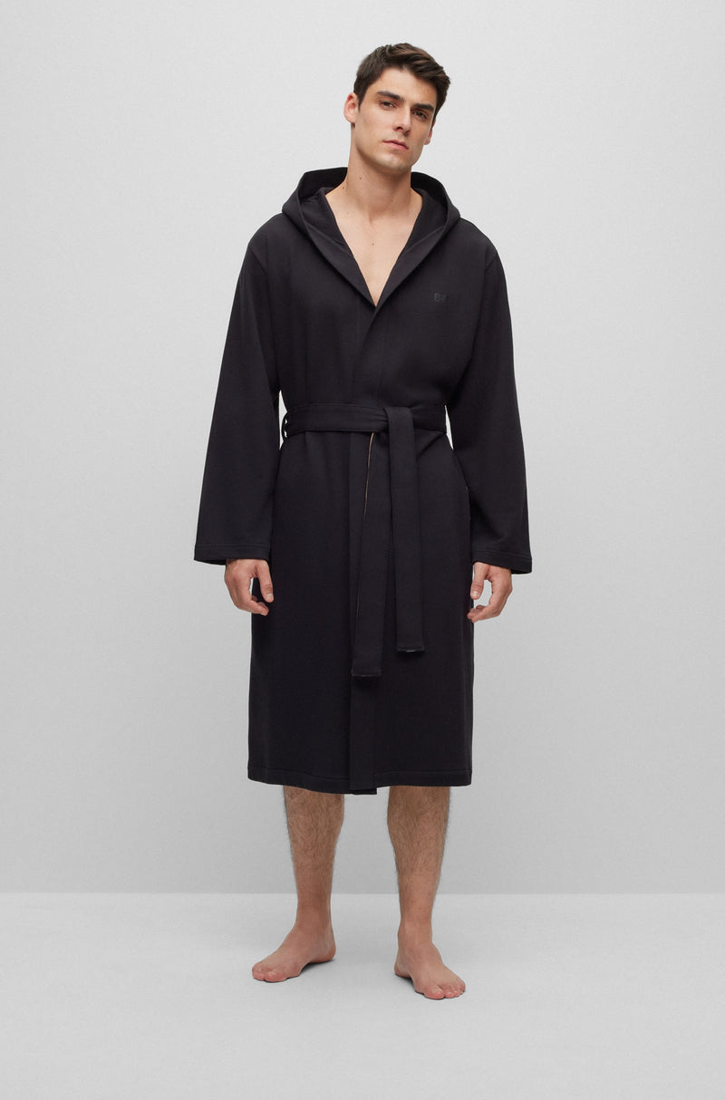 Boss Hooded Dress Gown with Stripe belt in Black