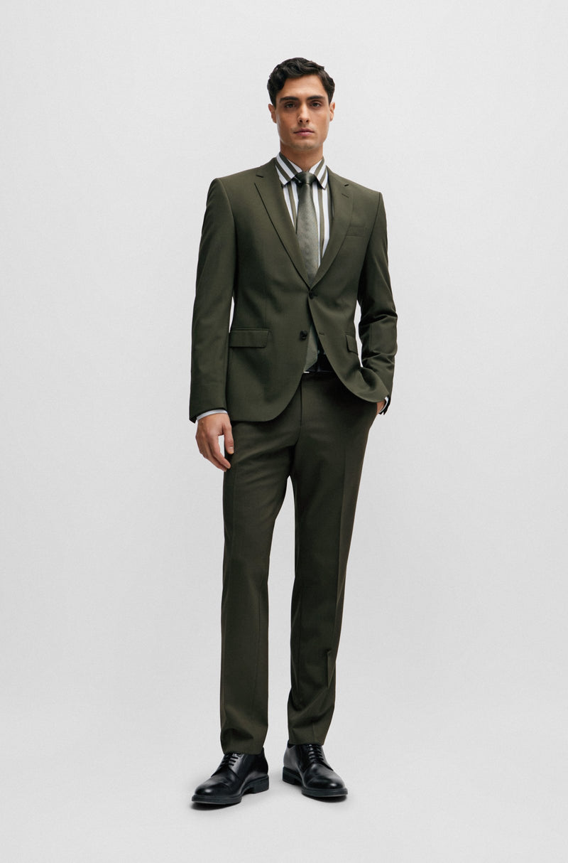 BOSS Slim Fit Suit in Wrinkle-Resistant Stretch Wool in Dark Green