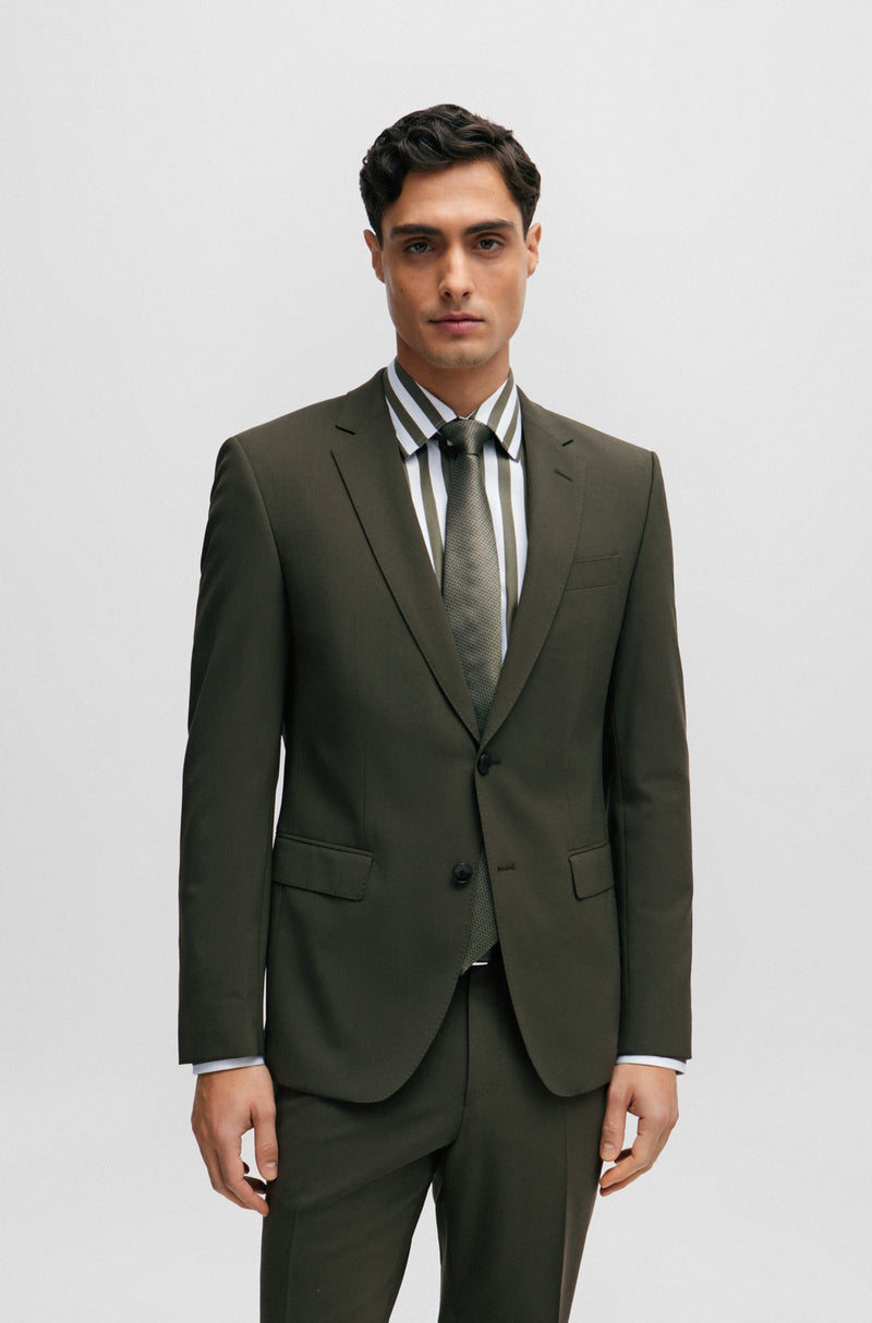 BOSS Slim Fit Suit in Wrinkle-Resistant Stretch Wool in Dark Green