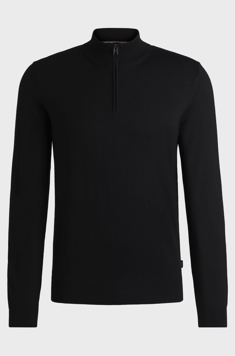 Boss Regular-Fit Zip-Neck Sweater in Virgin Wool - Black