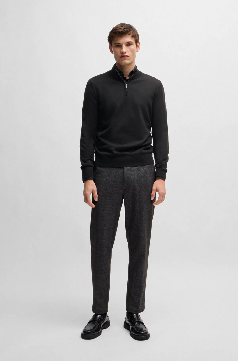 Boss Regular-Fit Zip-Neck Sweater in Virgin Wool - Black