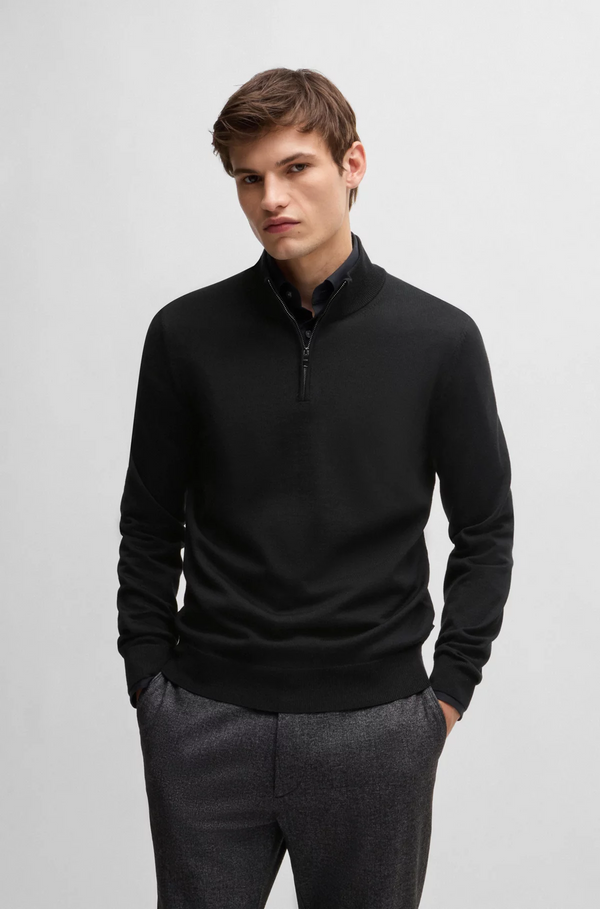 Boss Regular-Fit Zip-Neck Sweater in Virgin Wool - Black