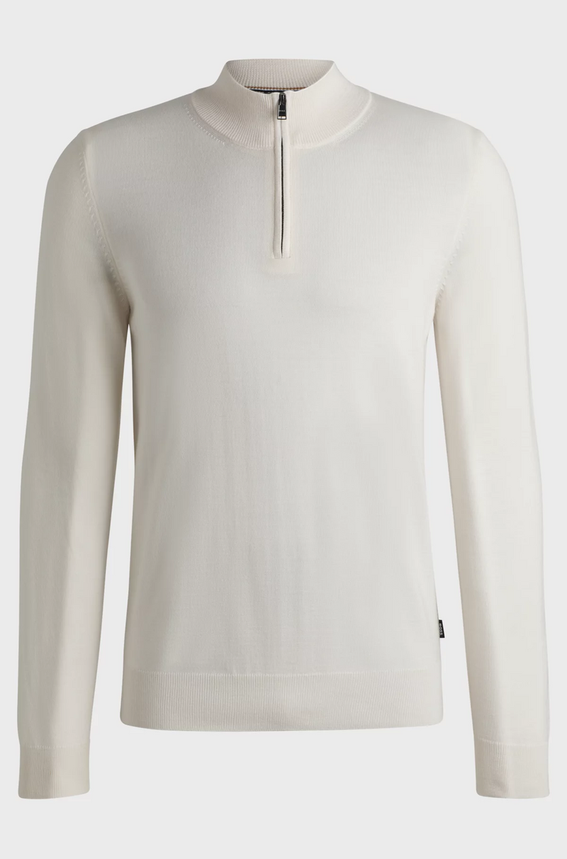 Boss Regular-Fit Zip-Neck Sweater in Virgin Wool - White