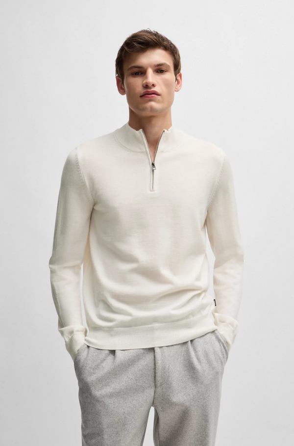 Boss Regular-Fit Zip-Neck Sweater in Virgin Wool - White