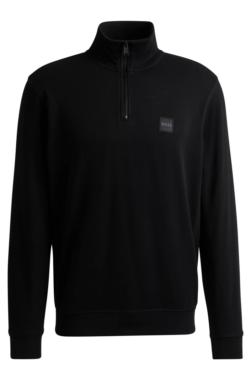 Boss- Cotton Terry Zip-Neck Sweatshirt with Logo Patch