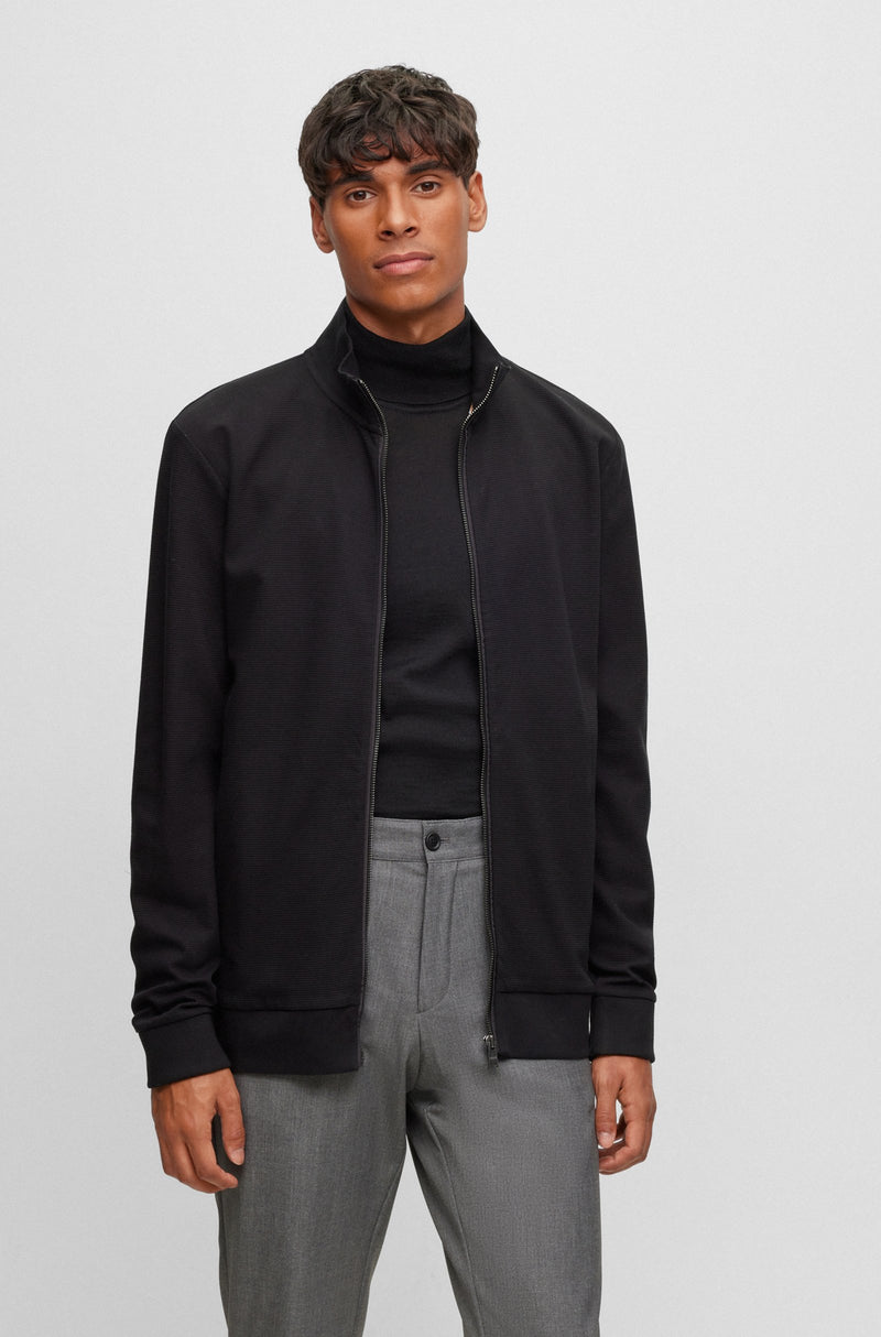 BOSS Ottoman-Structured Black Zip-Up Sweatshirt