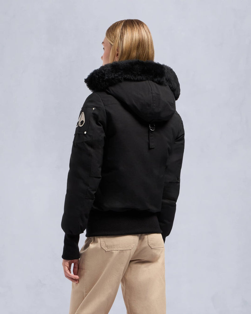 Moose Knuckles Womens Debbie Bomber in Black with Black Shearling