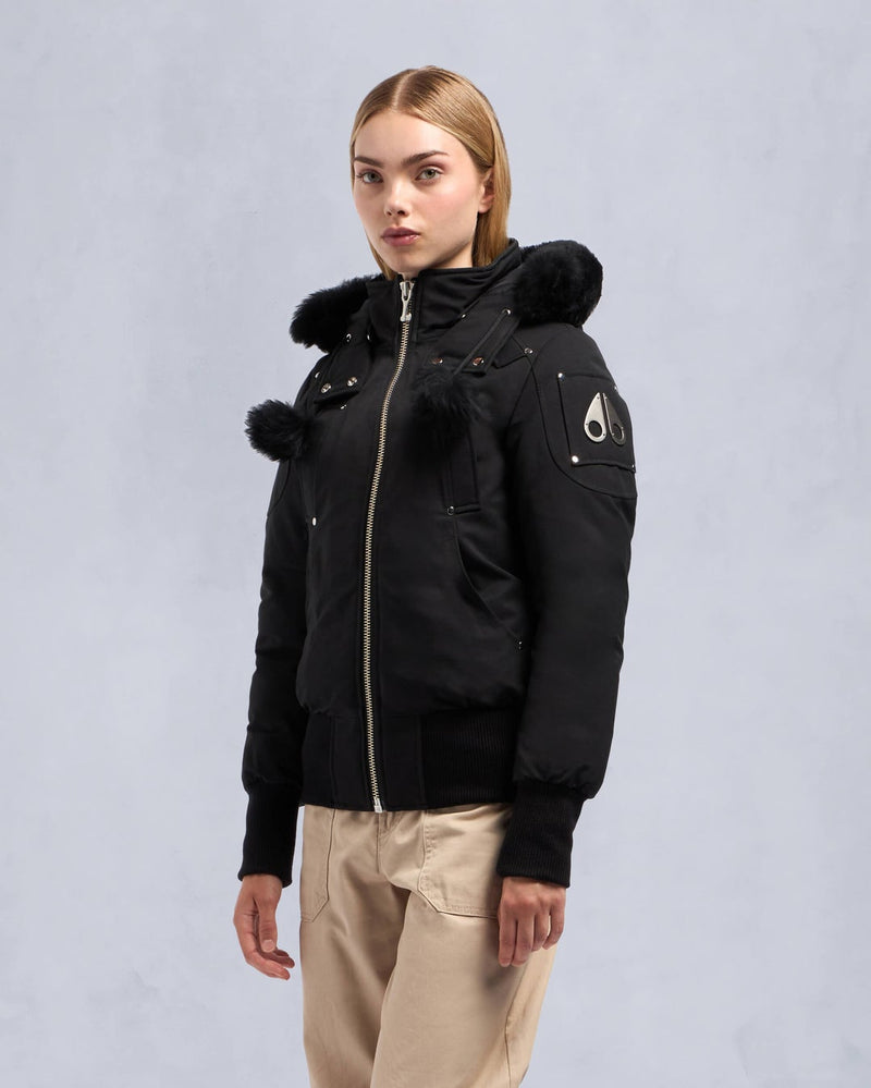 Moose Knuckles Womens Debbie Bomber in Black with Black Shearling