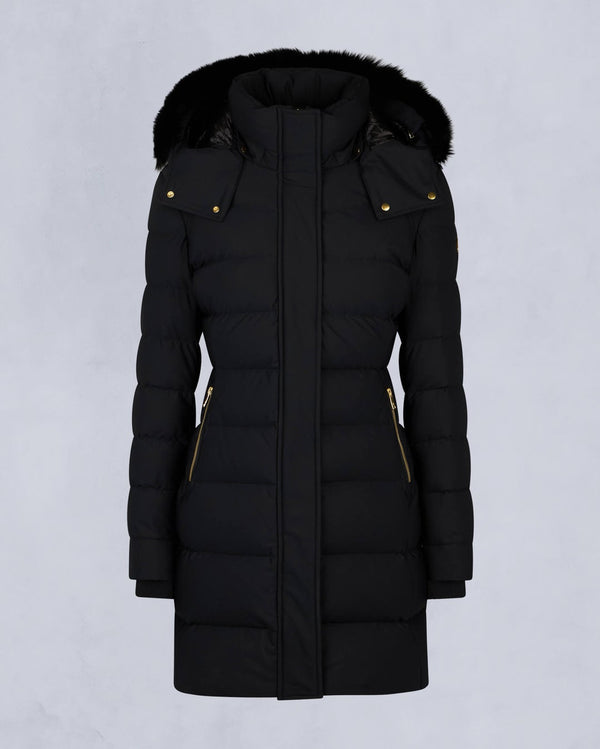 Moose Knuckles Womens Gold Series Black Watershed Parka with Black Shearling