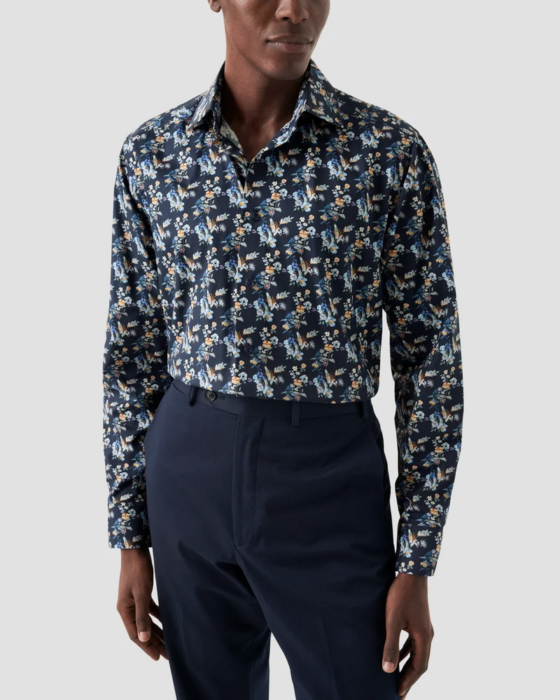 Eton Navy Floral Print Twill Shirt