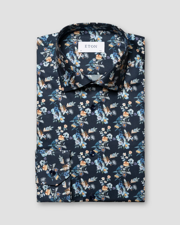 Eton Navy Floral Print Twill Shirt