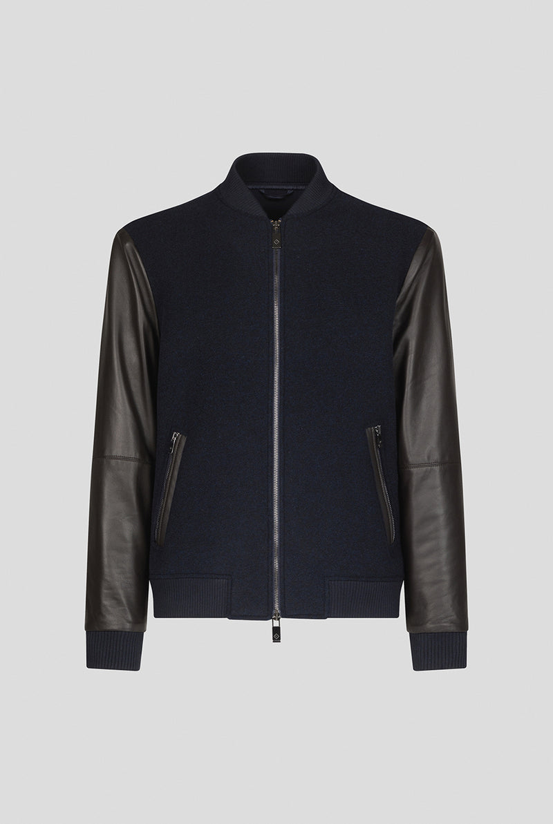 PAL ZILERI Varsity Solid Jacket in Pure Wool with Nappa Leather Sleeves Navy Blue 52