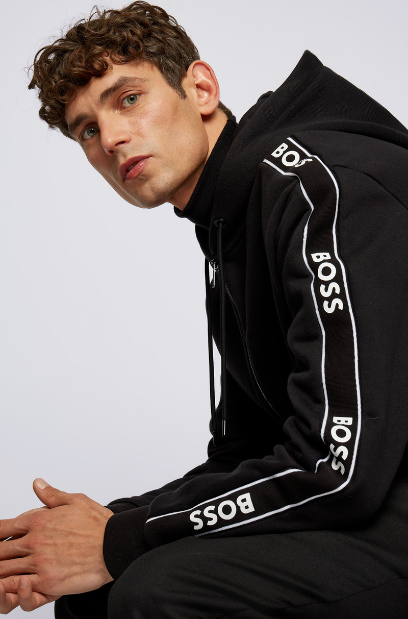 BOSS Cotton-Blend Zip-Up Hoodie with Logo Tape Sleeves