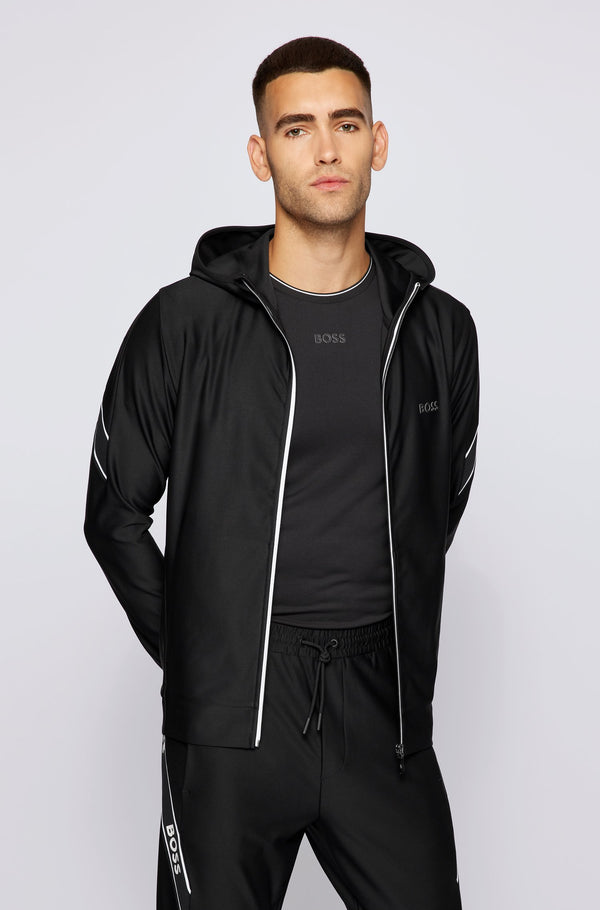 BOSS Zip-up slim-fit hooded sweatshirt with logo tape