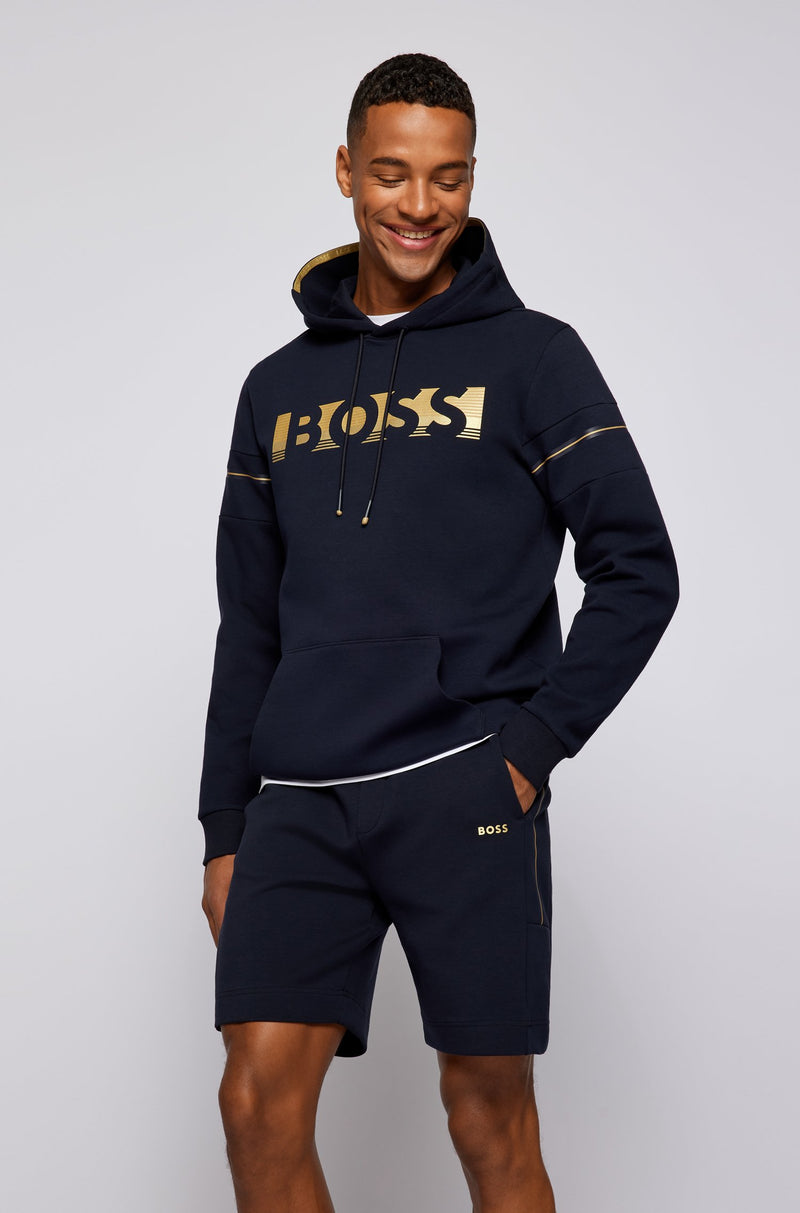 BOSS Soody cotton-blend hooded sweatshirt with block stripes and logo