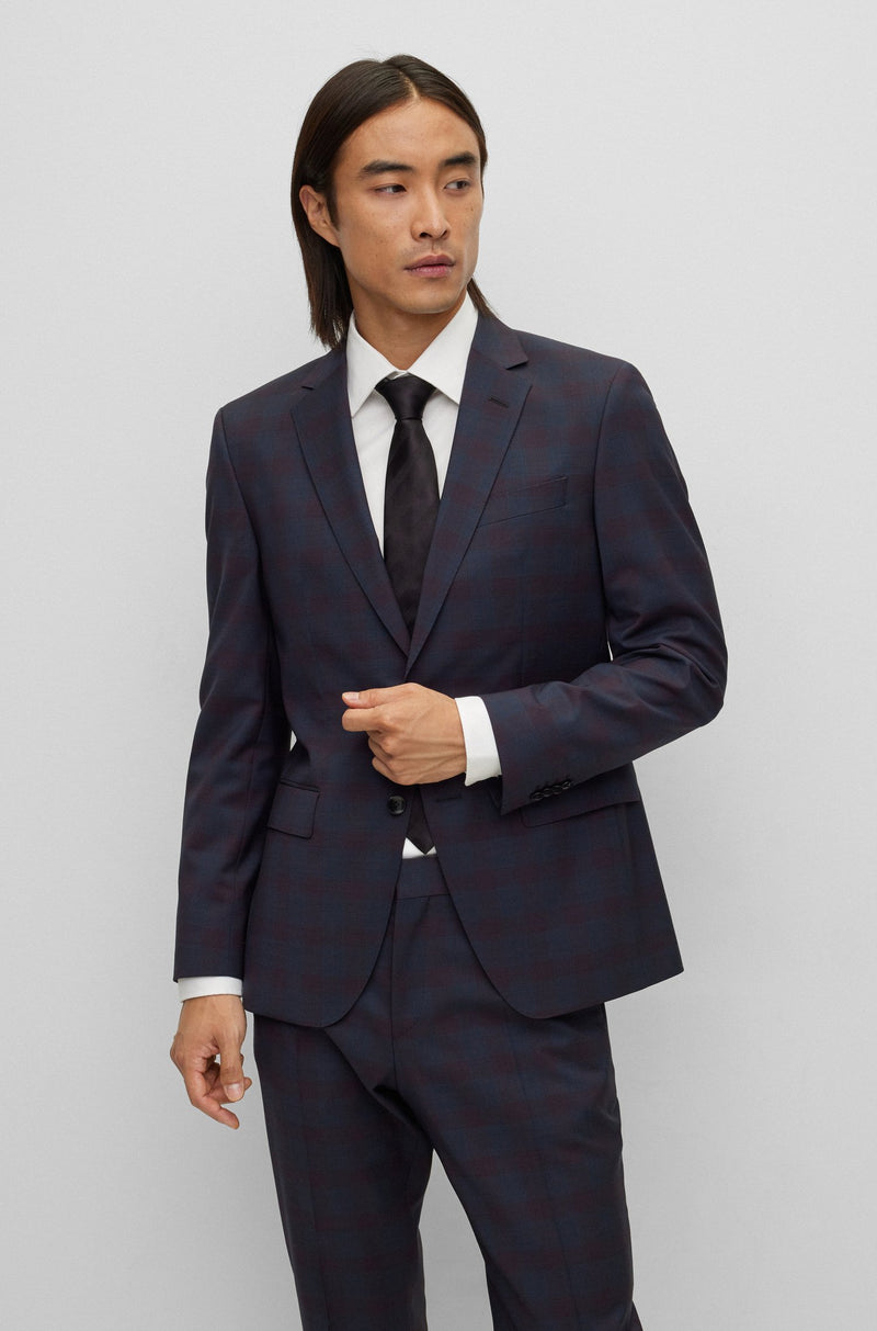 BOSS Slim-Fit Navy/Wine Subtle Check Pattern Suit in Virgin Wool